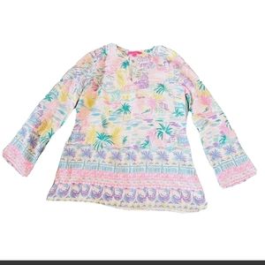Lilly Pulitzer Women's Sz S Linen Tropical Tunic Splitneck Long Sleeves Blouse.